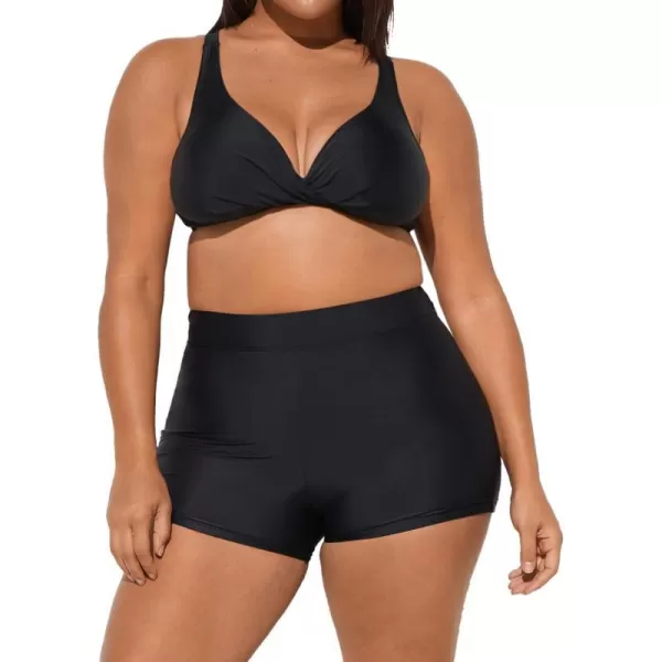 imageCUPSHE Women Swimsuit Plus Size Bikini Set V Neck Twisted High Support High Waisted Tummy Control Biker ShortsBlack