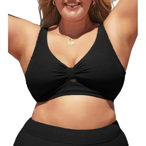 imageCUPSHE Women Swimsuit Plus Size Bikini Top Ribbed Texture Knotted Front Fixed Wide Straps No BottomBlack