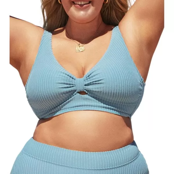 imageCUPSHE Women Swimsuit Plus Size Bikini Top Ribbed Texture Knotted Front Widen Trim with Fixed Wide StrapsLight Blue