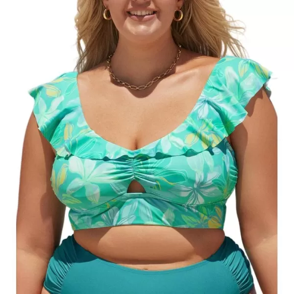 imageCUPSHE Women Swimsuit Plus Size Bikini Top Ruffle Scoop Neck Cutout Front Widen Hem No BottomLight Greeen