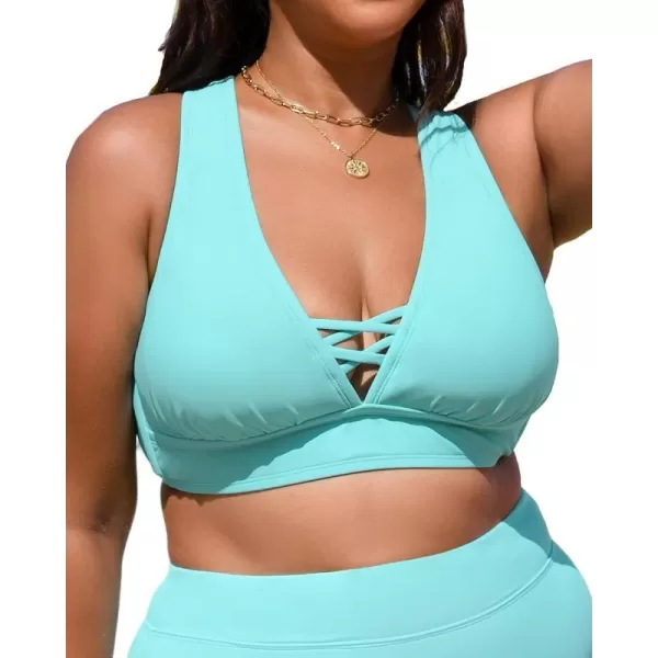 imageCUPSHE Women Swimsuit Plus Size Bikini Top V Neck Strappy Wide Straps Back TieAqua