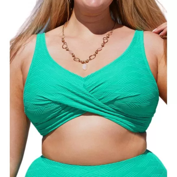 imageCUPSHE Women Swimsuit Plus Size Bikini Top V Neck Wrapped Adjustable Straps Back Hook Textured Swimwear No BottomTurquoise Green