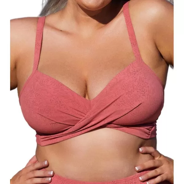 imageCUPSHE Women Swimsuit Plus Size Bikini Top V Neck Wrapped Adjustable Straps Back Tie Textured Swimwear No BottomCoral Pink