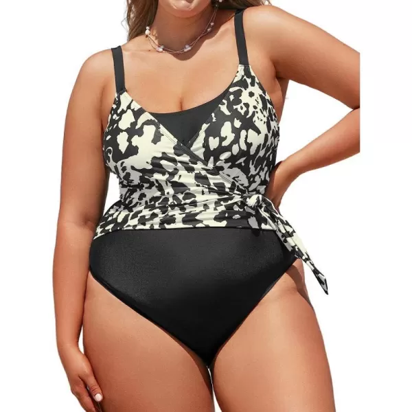 imageCUPSHE Women Swimsuit Plus Size One Piece Bathing Suit Color Block Side Tie Adjustable StrapsAbstract Print Black