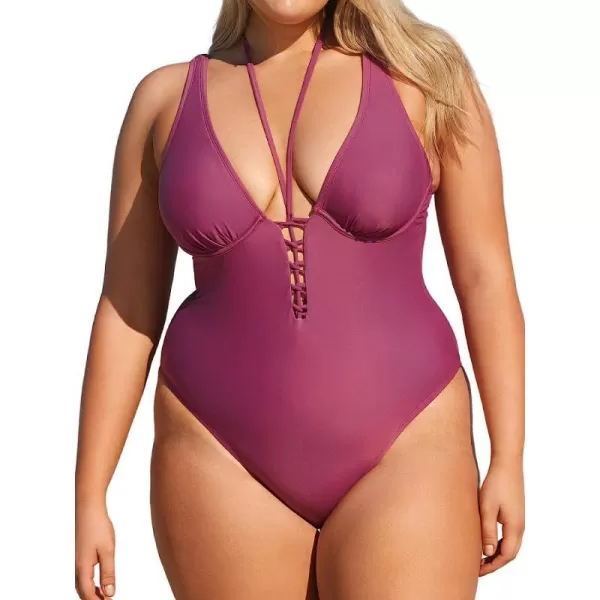 imageCUPSHE Women Swimsuit Plus Size One Piece Bathing Suit Deep V Neck Halter Crisscross Front with Adjustable Wide StrapsGrape