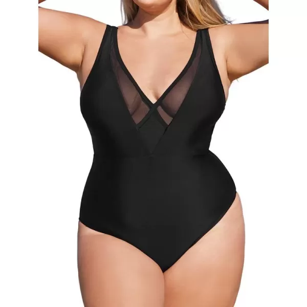 imageCUPSHE Women Swimsuit Plus Size One Piece Bathing Suit Deep V Neck Mesh Modest with Fixed Wide StrapsBlack
