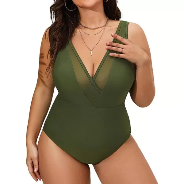 imageCUPSHE Women Swimsuit Plus Size One Piece Bathing Suit Deep V Neck Mesh Modest with Fixed Wide StrapsGreen