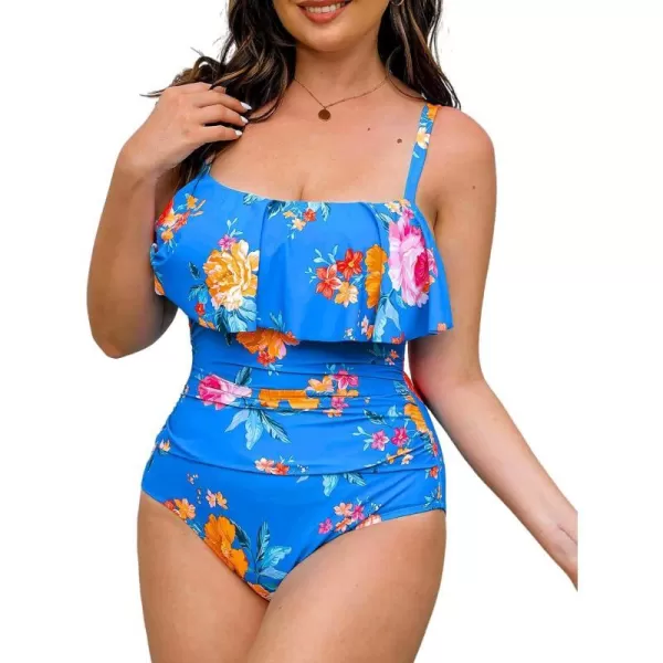 imageCUPSHE Women Swimsuit Plus Size One Piece Bathing Suit Flowy Ruffle Trim Ruched Front Tummy ControlBlue Floral