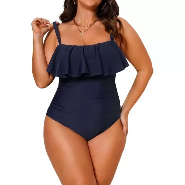 imageCUPSHE Women Swimsuit Plus Size One Piece Bathing Suit Flowy Ruffle Trim Ruched Front Tummy ControlDark Blue