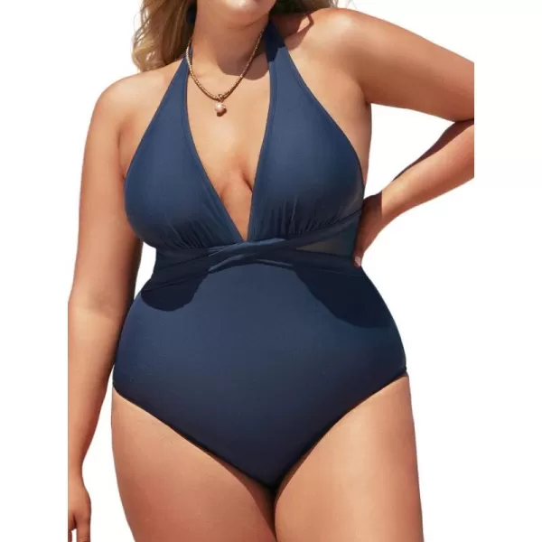 imageCUPSHE Women Swimsuit Plus Size One Piece Bathing Suit Halter Mesh Wrapped Front Modest Long TorsoNavy