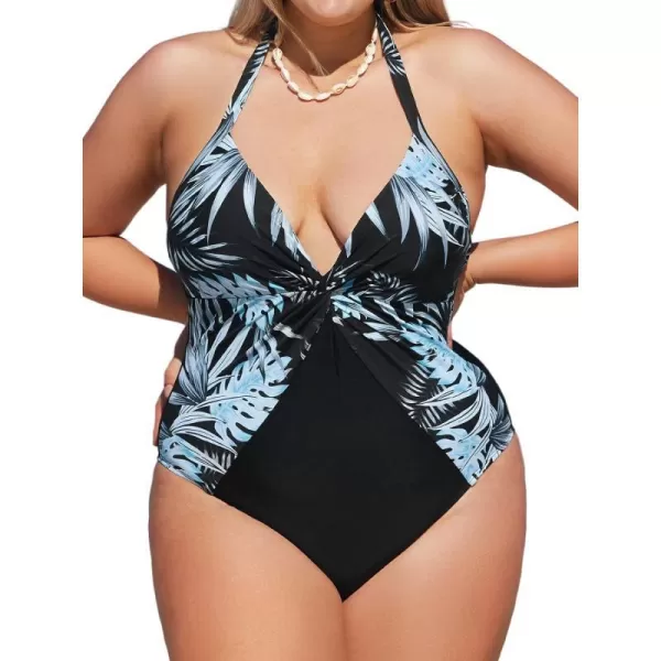 imageCUPSHE Women Swimsuit Plus Size One Piece Bathing Suit Halter Twisted Front Tummy Control Tropical PrintBlack and Tropical Print
