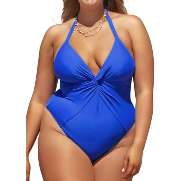 imageCUPSHE Women Swimsuit Plus Size One Piece Bathing Suit Halter Twisted Front Tummy Control Tropical PrintRoyal Blue