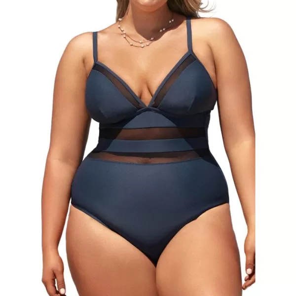 imageCUPSHE Women Swimsuit Plus Size One Piece Bathing Suit Mesh Sheer Panel with Adjustable Spaghetti StrapsDark Blue