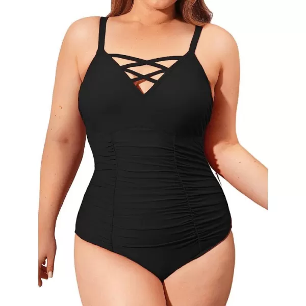 imageCUPSHE Women Swimsuit Plus Size One Piece Bathing Suit Ruched Tummy Control Front Crisscross V NeckBlack