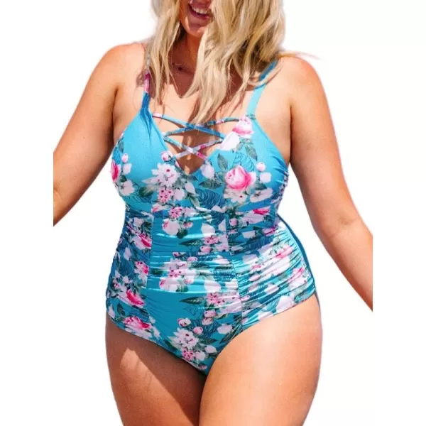 imageCUPSHE Women Swimsuit Plus Size One Piece Bathing Suit Ruched Tummy Control Front Crisscross V NeckMulticolored