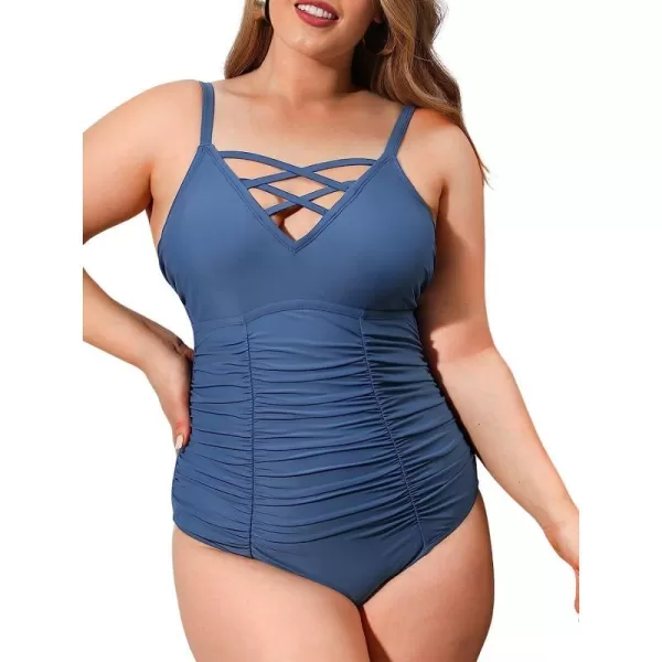 imageCUPSHE Women Swimsuit Plus Size One Piece Bathing Suit Ruched Tummy Control Front Crisscross V NeckSteel Blue