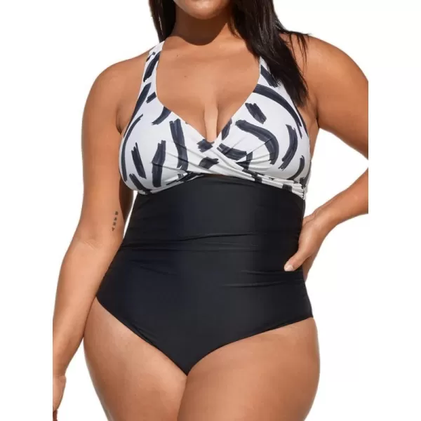 imageCUPSHE Women Swimsuit Plus Size One Piece Bathing Suit Tummy Control Cutout Twist Front Cross Back Self Tie Abstract PrintBlack and White Abstract Print