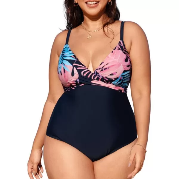 imageCUPSHE Women Swimsuit Plus Size One Piece Bathing Suit Tummy Control Wrap Front Tie Back Tropical PrintBlue Black and Tropical Print