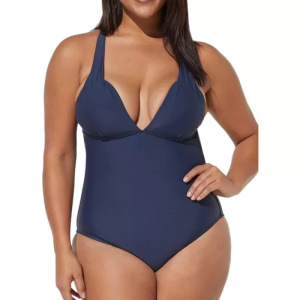 imageCUPSHE Women Swimsuit Plus Size One Piece Bathing Suit V Neck Crisscross Back Tummy Control with Adjustable Wide StrapsDark Blue