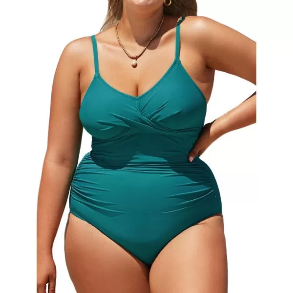 imageCUPSHE Women Swimsuit Plus Size One Piece Bathing Suit Wrapped Front Ruched Tummy Control with Adjustable Spaghetti StrapsTeal
