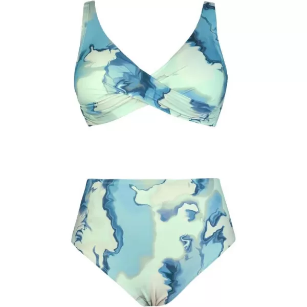 imageCUPSHE Women Swimsuit Plus Size Two Piece Bathing Suit High Waisted Wrap Abstract Print with Adjustable Wide StrapsLight Blue