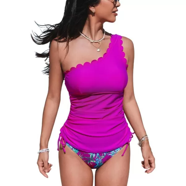 imageCUPSHE Women Swimsuit Tankini One Shoulder Scalloped Side Tie Tummy Control Floral Bathing SuitPurple  Floral