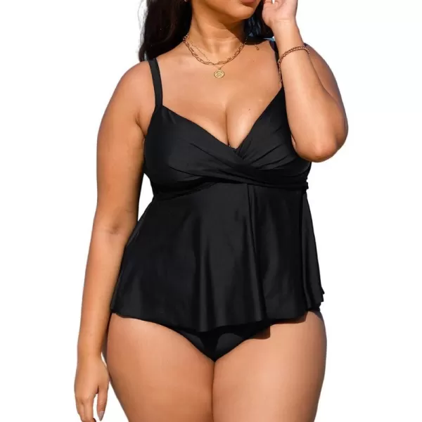 imageCUPSHE Women Swimsuit Tankini Set Two Piece Bathing Suit Wrapped V Neck High Waisted Flowy Ruffle HemBlack