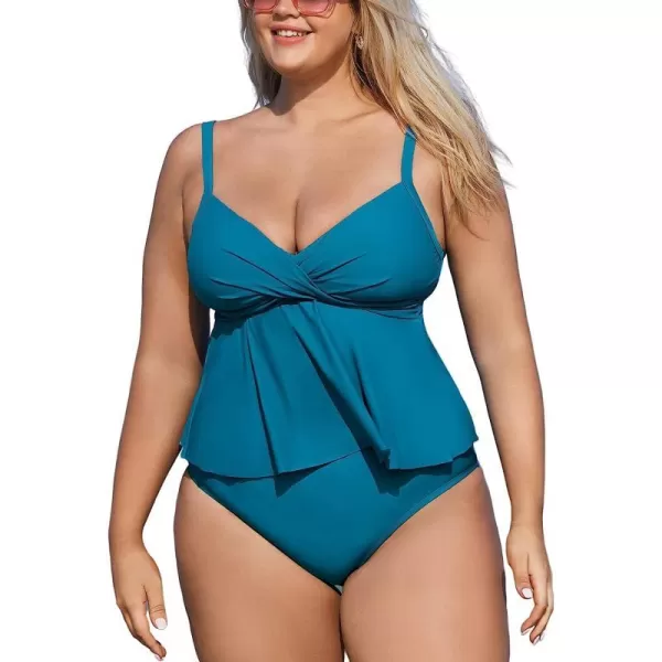 imageCUPSHE Women Swimsuit Tankini Set Two Piece Bathing Suit Wrapped V Neck High Waisted Flowy Ruffle HemTeal Blue