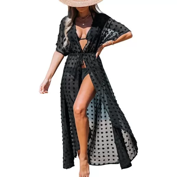 imageCUPSHE Women Swiss Dot CoverUp Duster Kimono Casual Summer Short Dolman Sleeves Mini Cover UpBlack