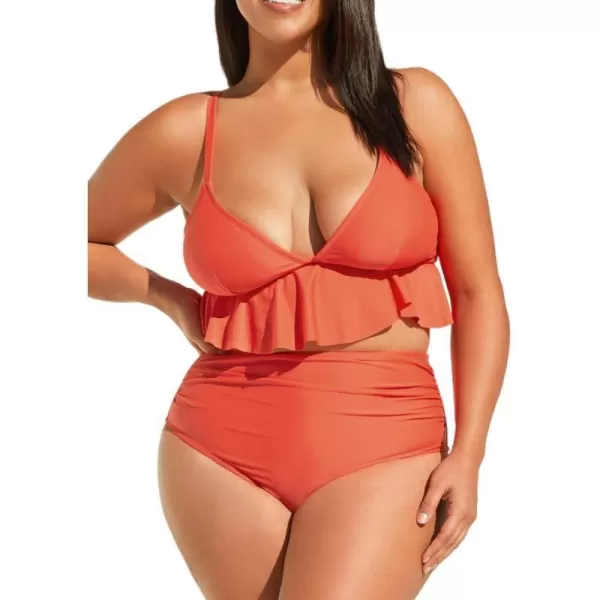 imageCUPSHE Women Tankini Set Plus Size Two Piece Swimsuit V Neck High Waisted Cross Back Tie Ruffled RuchedCarrot Orange