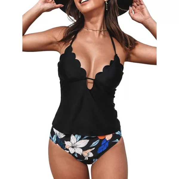 imageCUPSHE Women Tankini Swimsuit Scalloped Hipster Backless Two Piece Bathing SuitBlack