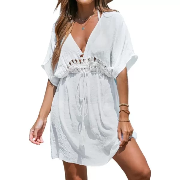 imageCUPSHE Women Tassel Tie CoverUp Mini Dress Short Sleeves Lace Cover Up SummerWhite
