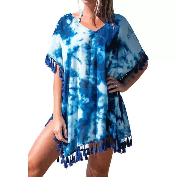imageCUPSHE Women Tie Dye Tassel Hem Loose Waist Above The Knee Cover Up with Bat SleeveBlue