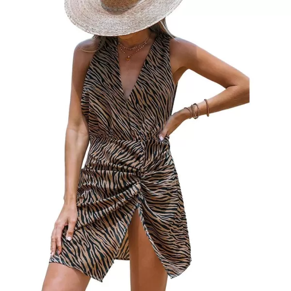 imageCUPSHE Women Tiger Striped Mini CoverUp Dress V Neck Sleeveless Cover Ups Casual Beach SummerBlack