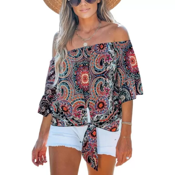 imageCUPSHE Women Tops Boho OffShoulder Neck Ruffle Sleeve Blouse Short Sleeve Tee Shirt Casual SummerBlack