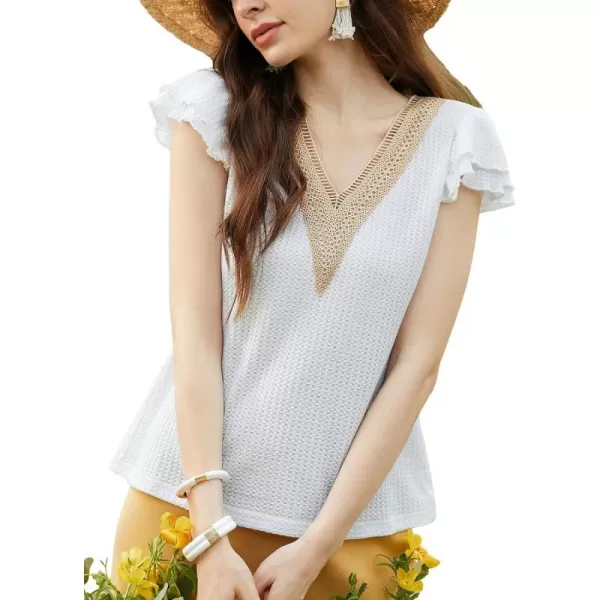 imageCUPSHE Women Tops Cap Sleeve V Neck Shirt Lace Neck Tee Solid Casual SummerWhite