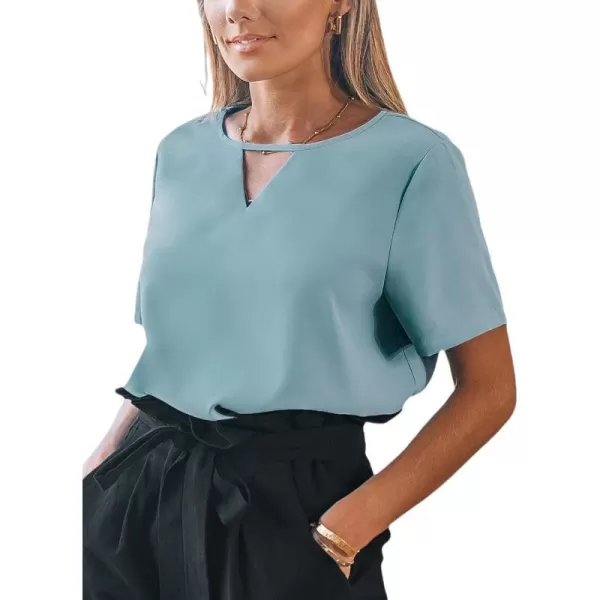 imageCUPSHE Women Tops Cutout Short Sleeve Tee V Neck Shirt Dressy CasualBlue