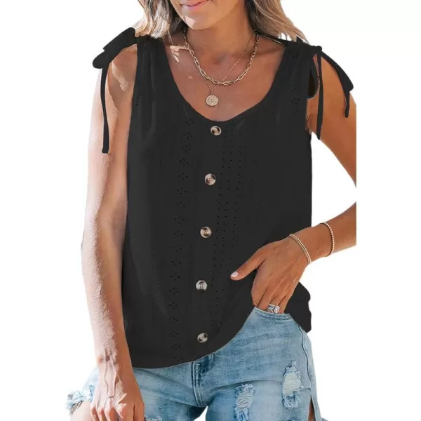 imageCUPSHE Women Tops Eyelet Jersey Tank Sleeveless V Neck Blouse Button Front Shirt Casual SummerBlack