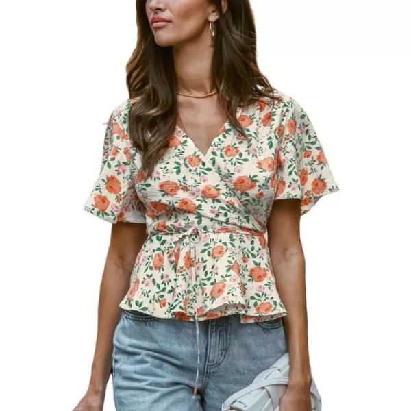 imageCUPSHE Women Tops Floral Short Sleeve Peplum Blouse V Neck Tee Shirt Casual DressyRed