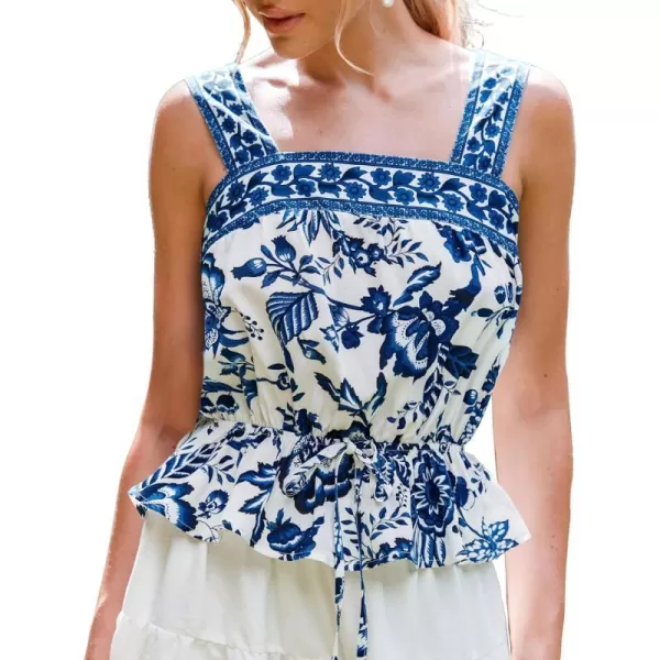 imageCUPSHE Women Tops Floral Square Neck Flounce Hem Tank Sleeveless Tee Shirt CasualBlue