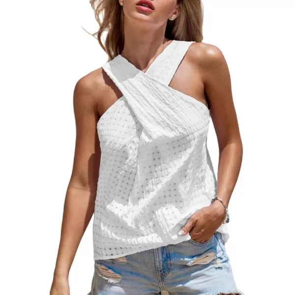 imageCUPSHE Women Tops HighNeck Cross Over CutOut Tank Sleeveless Basic Tee Shirt Solid Casual SummerWhite