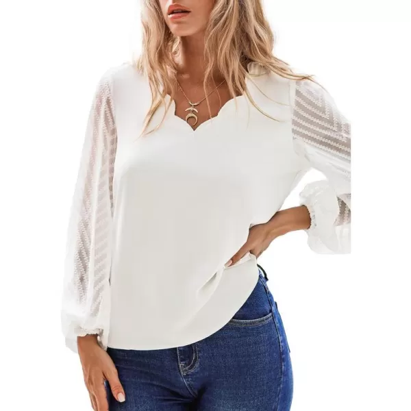 imageCUPSHE Women Tops Lace Long Sleeve Blouses V Neck Shirt Balloon Sleeves Tee Casual DressyWhite