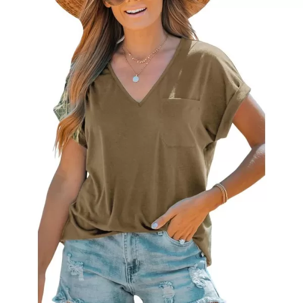 imageCUPSHE Women Tops Onyx VNeck Short Sleeve Tee Front Pocket Shirt Solid Tee Casual DressyBrown
