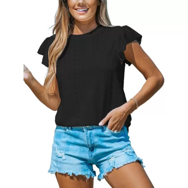 imageCUPSHE Women Tops Ruffled Sleeve Cutout Tee Short Sleeve Blouses Loose Shirt Casual SummerBlack