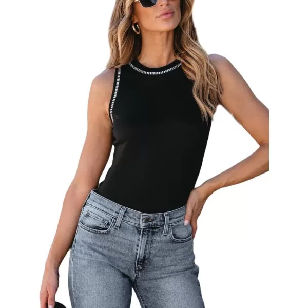 imageCUPSHE Women Tops Sequin Trim Fitted Tank Top Sleeveless Shirt Solid Tee Casual DressyBlack