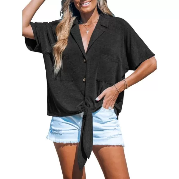 imageCUPSHE Women Tops Short Sleeve Blouses V Neck Shirt Button Front Tee with Pockets Casual DressyBlack