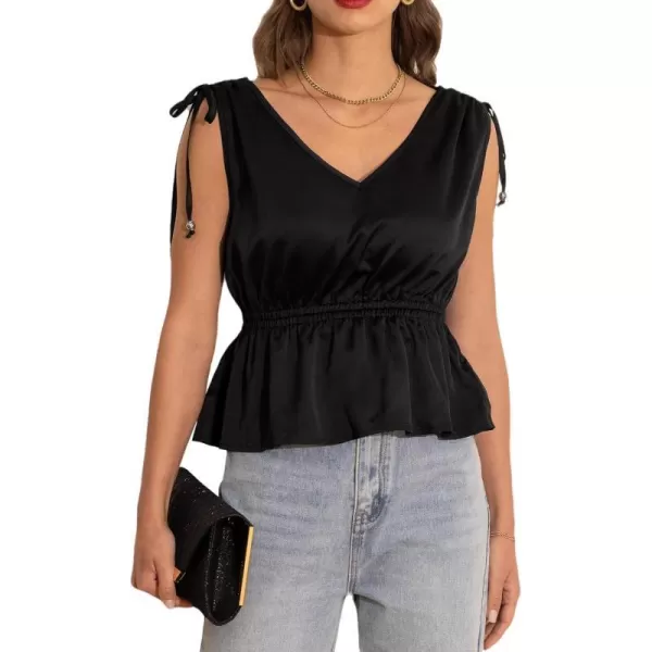 imageCUPSHE Women Tops Sleeveless Peplum Shirt Shoulder Ties Tee Solid Blouses Casual SummerBlack