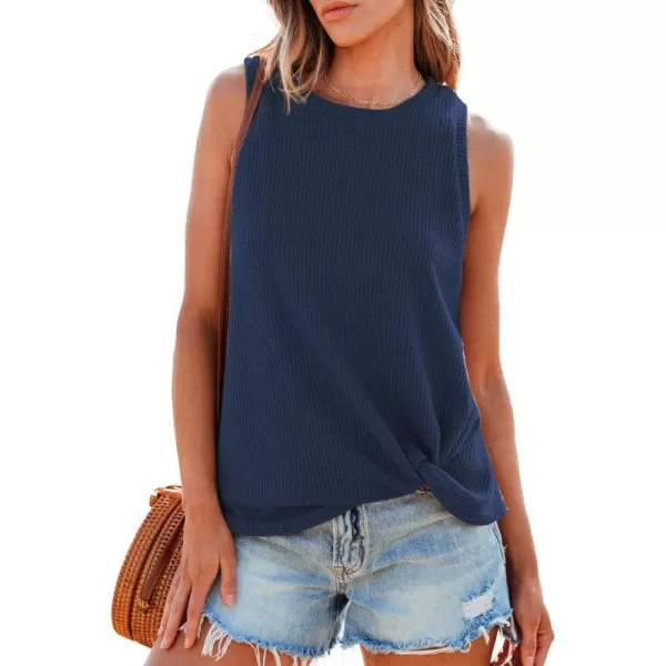 imageCUPSHE Women Tops Sleeveless Ribbed Twist Tank Top Crew Neck Shirt Casual SummerDark Blue