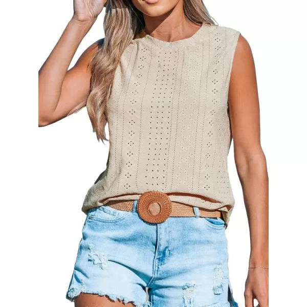 imageCUPSHE Women Tops Sleeveless Tank Cutout Blouse Crew Neck Shirt Lace Tee Summer Casual DressyBeige