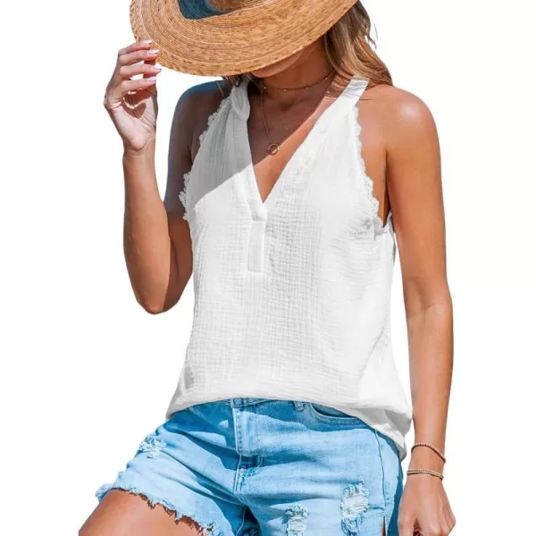 imageCUPSHE Women Tops Sleeveless V Neck Shirt Lace Tee Solid Casual SummerWhite
